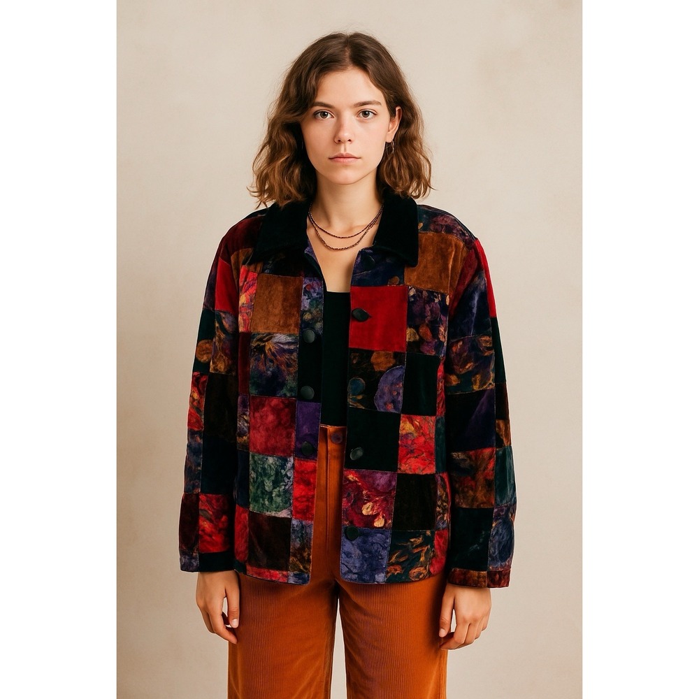 Upcycled Patchwork Jacket Womens XXL Mixed Velvet Quilted Artsy Boho Statement